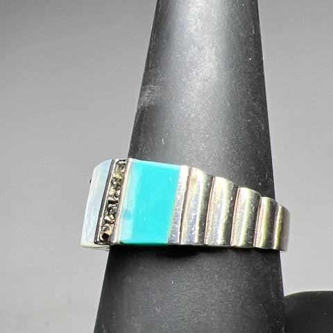 925 Sterling Silver Turquoise Mother Of Pearl & Marcasite Ring Size 8.5 5.08g