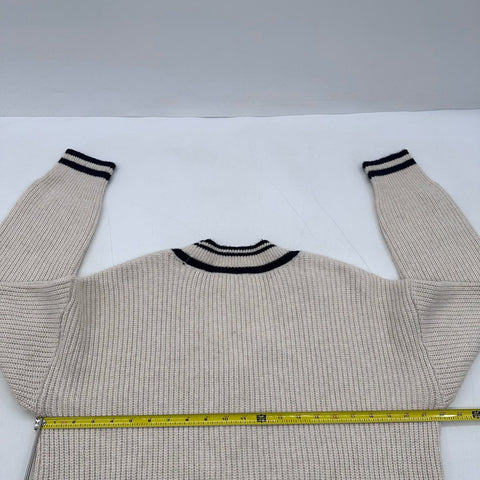 On 34th Women's Sweater Cream Navy Ribbed V-Neck Varsity Stripe Pointelle Sz M