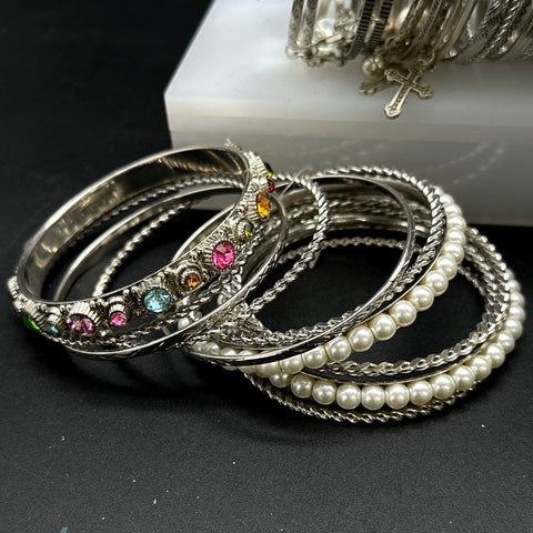 Costume Jewelry Bracelet Lot Bangles Faux Pearl Rhinestone Colorful 50+ Pieces
