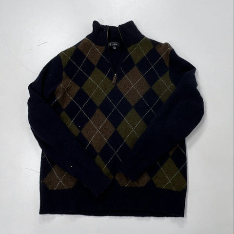 J. Crew Men's Navy Argyle 100% Lambswool Quarter Zip Sweater Elbow Patches Sz L