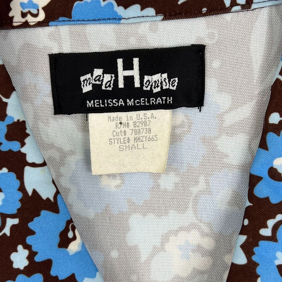 Vintage 90s Mad House Brown Blue Floral 60s Style A-Line Mini Dress Women's S