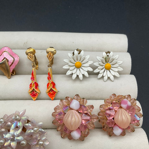 Vintage Floral Enamel Clip On Earrings Lot of 7 Pairs Mid-Century Retro Styles