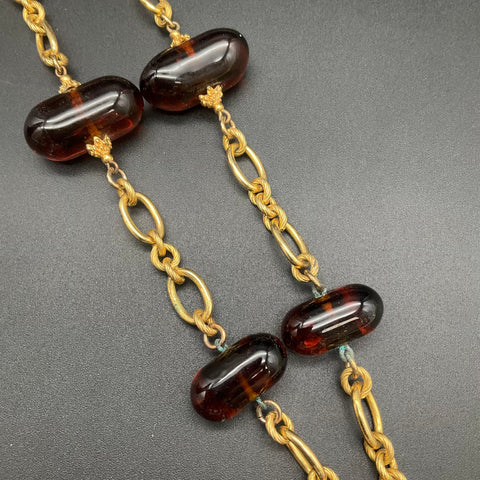 Vintage Mid-Century Gold Tone Faux Tortoiseshell Glass Teardrop Pendant Necklace