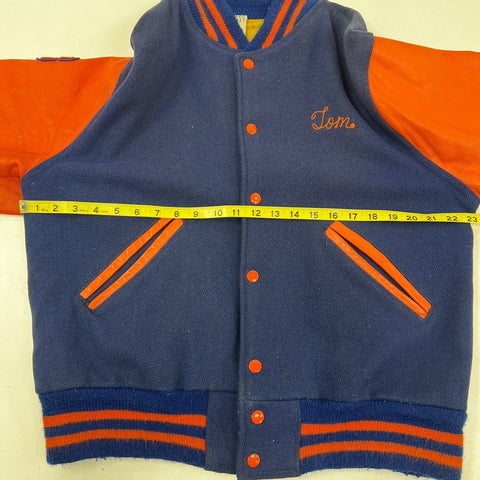 Vintage 80s Kaye Bros Varsity Letterman Wool Orange Leather Jacket Sz XL