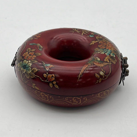 Vintage Chinoiserie Red Lacquer Toroidal Donut Jewelry Box Bird Flower 5"