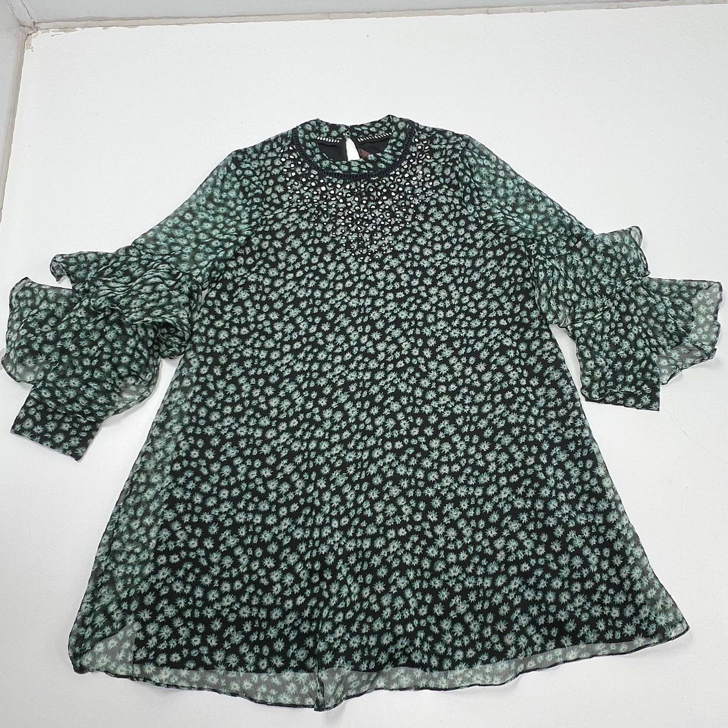 Ranna Gill Anthropologie Mirrored Floral Ruffle Sleeve Dress Womens M NWT
