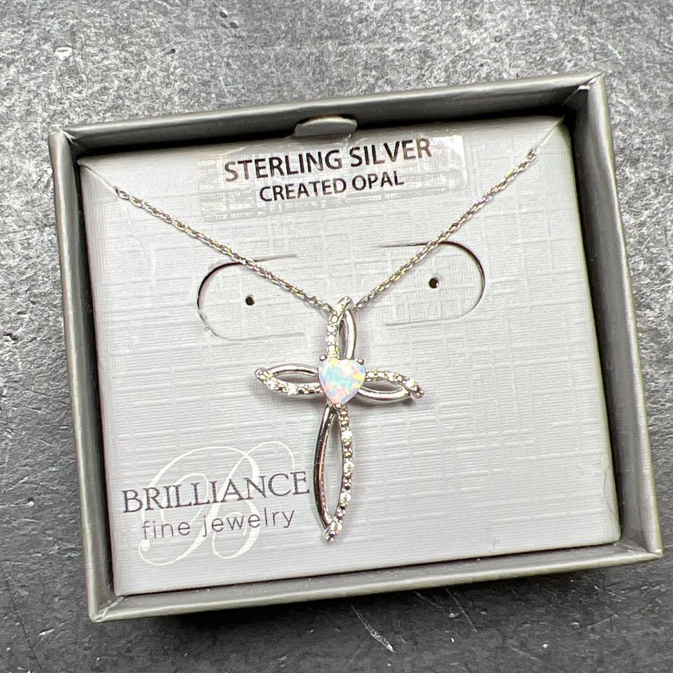 Sterling Silver Created Opal & CZ Cross Necklace