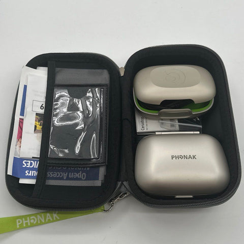 Phonak Hearing Aid Set with Two Charging Cases and Accessories Not Tested
