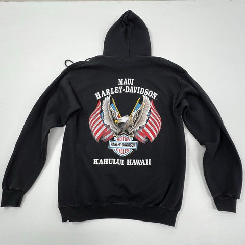 Vintage 90s Harley-Davidson Maui Hawaii Eagle Black Hoodie Sweatshirt Men's L