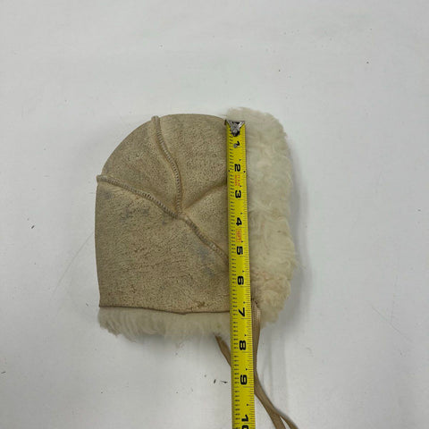 Vintage Tan Suede Sheepskin Shearling Lined Trapper Bonnet Hat