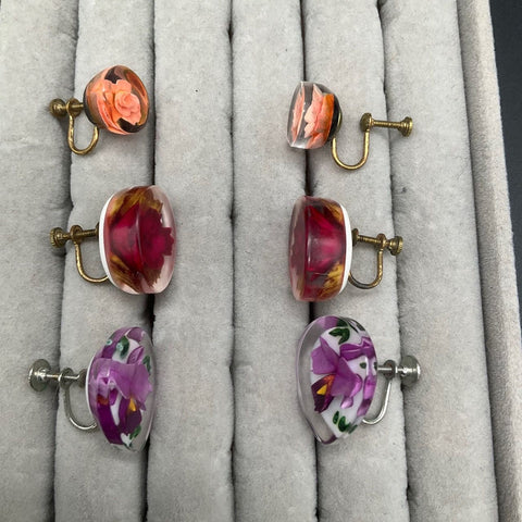 Vintage Lucite Reverse Carved Flower Jewelry Lot 3 Brooches 3 Pairs Earrings