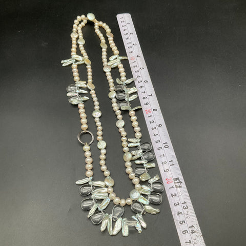 Cultured Pearl Necklace Baroque Stick Coin Pearls Clear Teardrop Dangles 28"