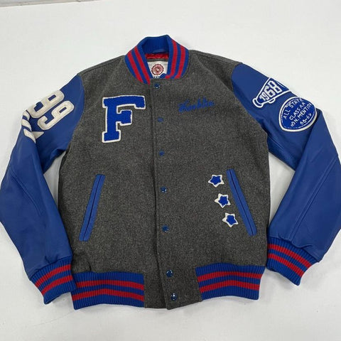 Franklin Marshall Gray Blue Wool Faux Leather Patch Varsity Jacket Men's XL