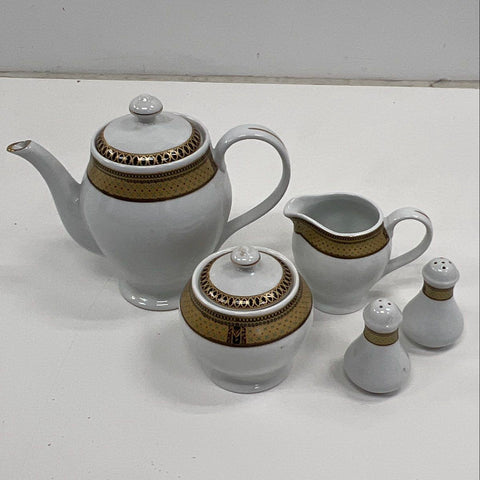 GNA 5pc Tea Set Teapot Sugar Creamer S&P Gold Geometric Band Vintage