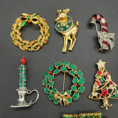 Vintage JJ Jonette Jewelry Christmas Brooch Pin Lot 9 Holiday Wreath Reindeer