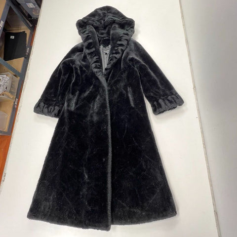 Jones New York Women's Black Faux Fur Hooded Long Coat Jacket Size S