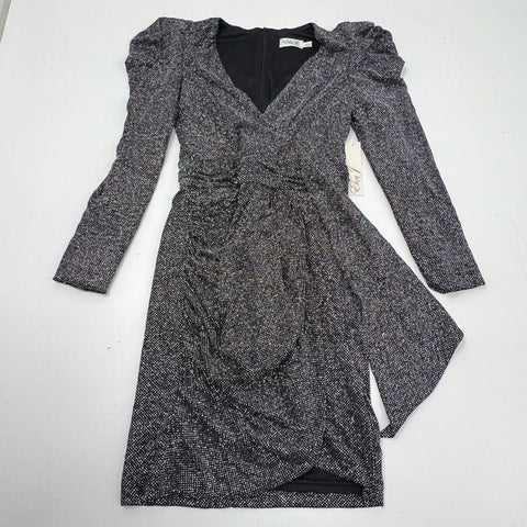 Eliza J Women's NWT Puff Sleeve Metallic Faux Wrap Cocktail Dress Black Silver 6
