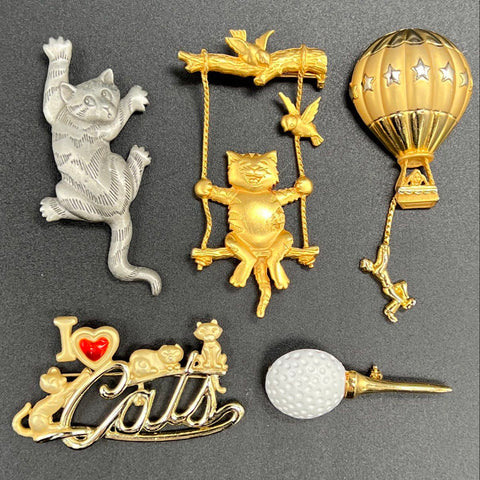 Vintage AJC & JJ Brooch Pin Lot of 5 Cat Golf Hot Air Balloon Gold Silver Tone
