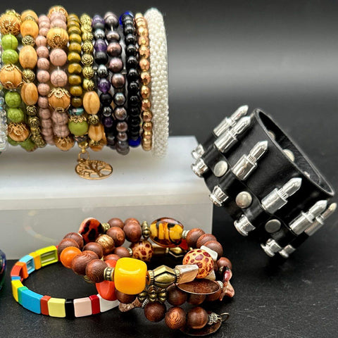 Vintage to Modern Costume Jewelry Lot 30+ Pcs Beaded Stretch Cuffs Bangles