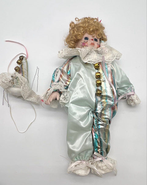 Musical Porcelain Clown Doll Iridescent Outfit Vintage 18 Inch Tested Music Box