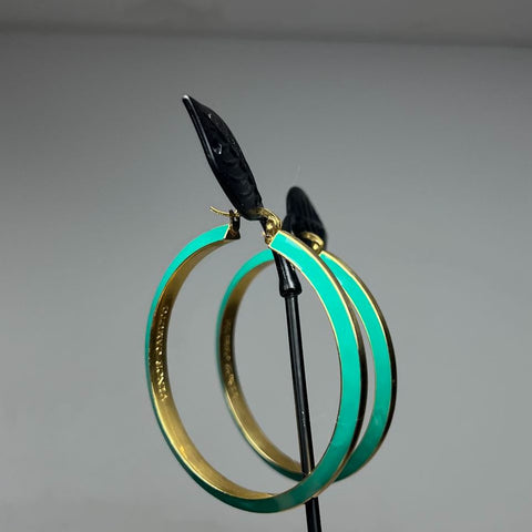 Vince Camuto Signed Gold Tone Green Enamel Large Hoop Earrings 2" 21.3g