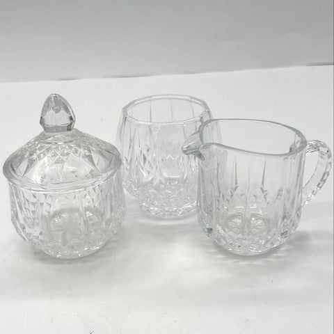 Crystal Creamer and Sugar Bowl Set 3 Piece Diamond Point Pattern Clear Vintage