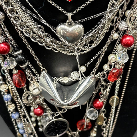 Fashion Jewelry Lot 15+ Necklaces Silver Tone Fortune Cookie Heart Beaded Mix