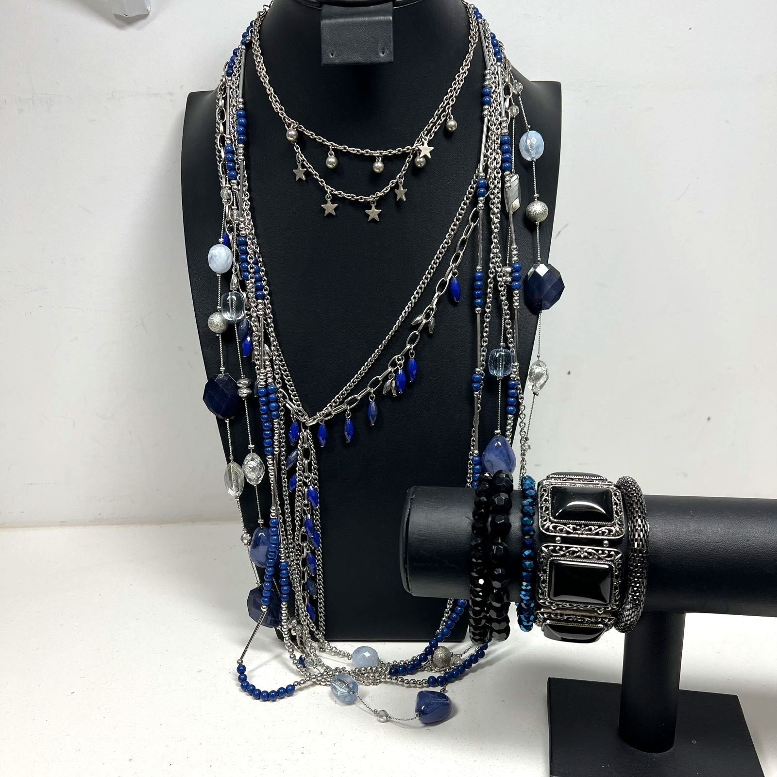 Navy Blue Silver Tone Beaded Chain Costume Jewelry Lot