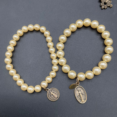Victorian Style Faux Pearl Religious Cross Necklace & Two Stretch Bracelets Lot