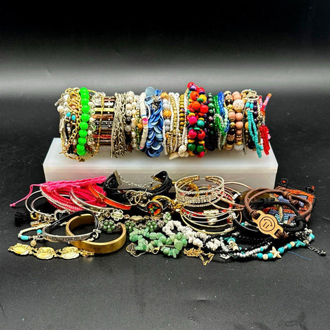 Mixed Costume Jewelry Bracelet Lot Vintage to Modern Beaded Bangles Cuffs