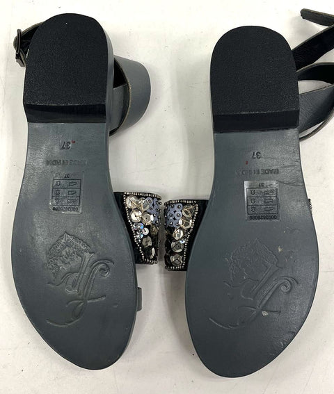 Free People Grey Beaded Sequin Ankle Strap Toe Loop Flat Sandals Size EU 37 US 7