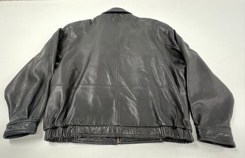Vintage 90s Couture Genuine Black Leather Bomber Jacket Elastic Waist Sz XL