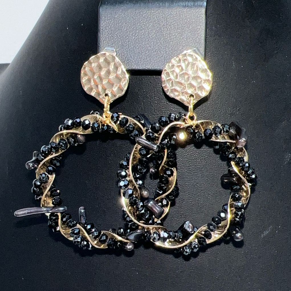 Black Glass Black Coral Beaded Dangle Hoop Earrings NIB