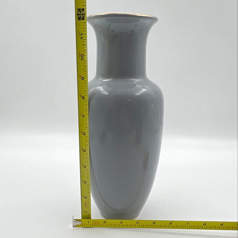 Vintage Grey Ceramic Vase Floral Motif Gold Rim 11.5 Inch Tall Mid Century Style