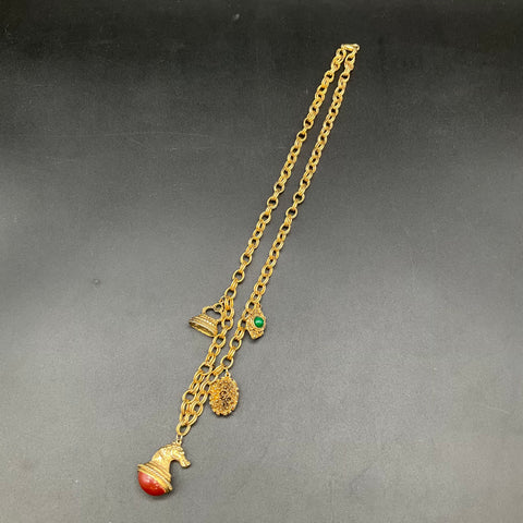 Vintage Etruscan Revival Gold Tone Fob Necklace & Cabochon Cross Pendant Lot