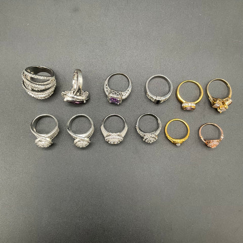 Fashion Statement Rings Lot of 12 Costume Jewelry Gold & Silver Tone Rhinestone