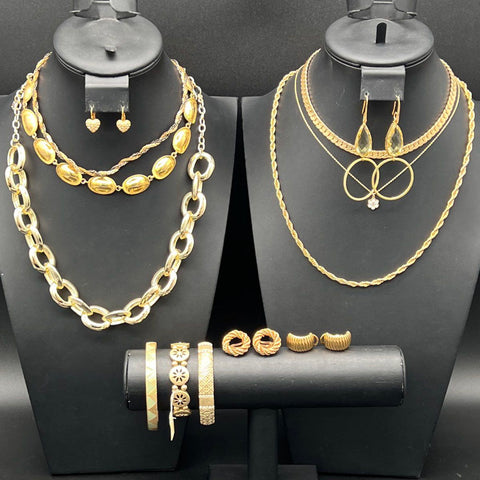 Gold Tone Costume Jewelry Lot of 13 Necklaces Bracelets Earrings Rhinestone