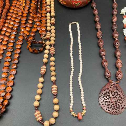 Vintage to Modern Boho Ethnic Jewelry Lot 9pc Wooden Beaded Shell Necklaces