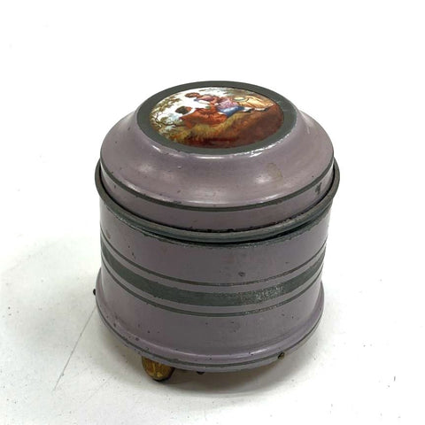 Vintage Purple Metal Powder Puff Music Box Vanity Trinket Box Victorian Scene