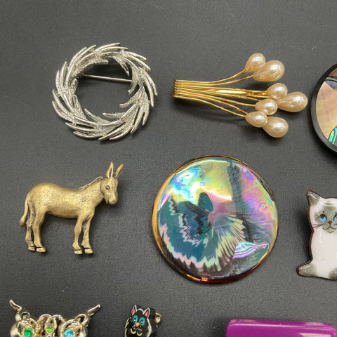 Vintage Costume Jewelry Lot of 12 Brooches Enamel Rhinestone Animal Floral