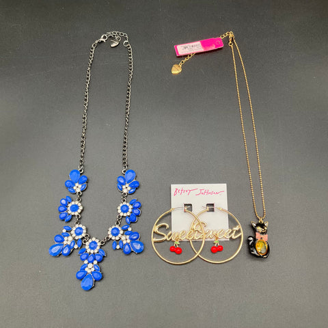 Betsey Johnson Costume Jewelry Lot of 3 Necklace Hoop Earrings Cat Blue Floral