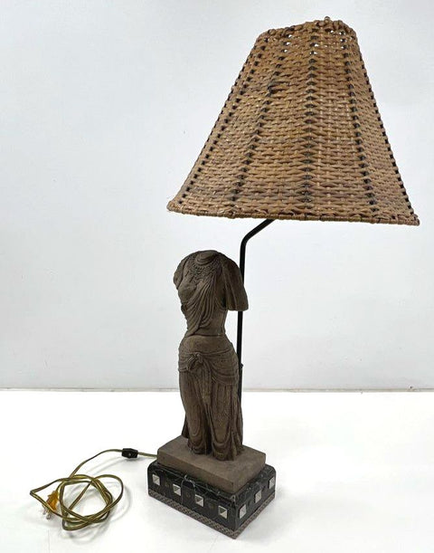 Vintage Female Torso Figural Table Lamp Wicker Shade Eclectic Decor 30 Inch