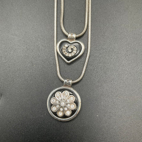 Brighton Silver Tone Rhinestone Heart Round Pendant Double Snake Chain Necklace