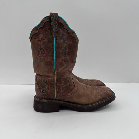 Justin Brown Leather Teal Stitching Square Toe Western Boots Size 8.5