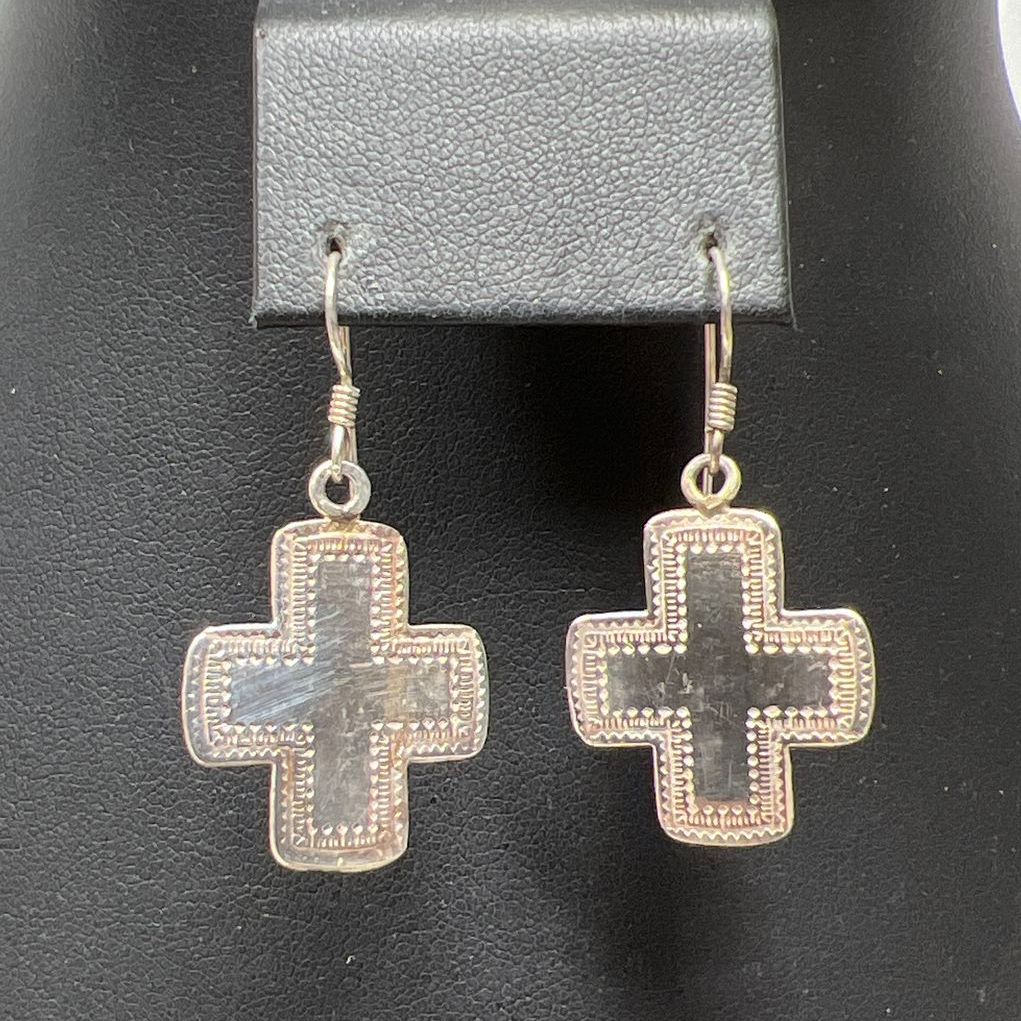 925 Sterling Silver Southwestern Style Cross Necklace Ring Earrings Set 15.5g