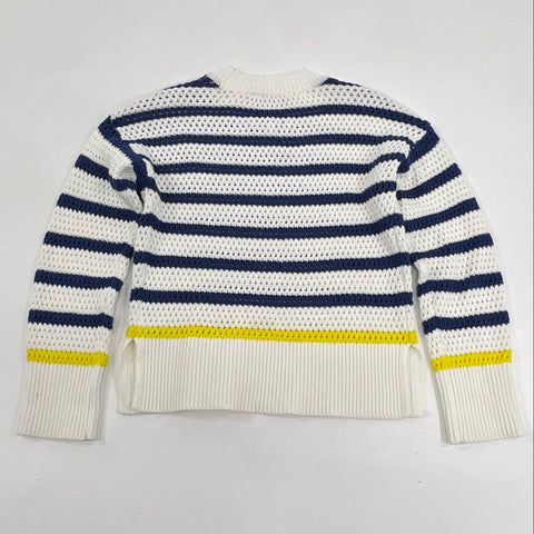 Kerri Rosenthal Women's Sweater White Blue Striped Open Knit Smiley Patch XS