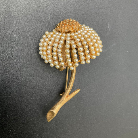 Vintage Coro Gold Tone Faux Pearl Floral Thistle Brooch Signed Mid-Century 2.5"
