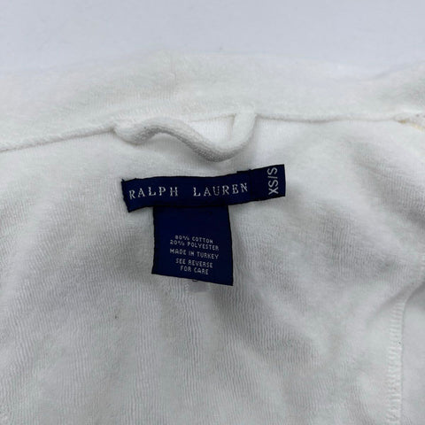 Ralph Lauren Women's White Hooded Cotton Blend Belted Robe Navy Trim Sz XS/S