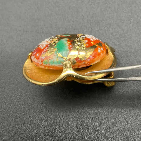 Vintage Signed Judy Lee Gold Tone Art Glass Splatter Cabochon Clip On Earrings