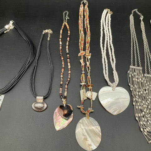 10 Necklace Jewelry Lot Mother of Pearl Abalone Shell Silver Tone Beaded